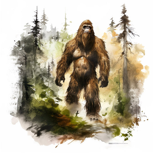 bigfoot, sasquatch, cryptid, forest, woodland, nature, animals, wildlife, brown, tan, cream, beige, sage green, olive green, watercolor, abstract, rustic, outdoor, cryptozoology, mysterious, legend, folklore, camping, adventure, hiking, trees, evergreen, boho, artistic, painterly