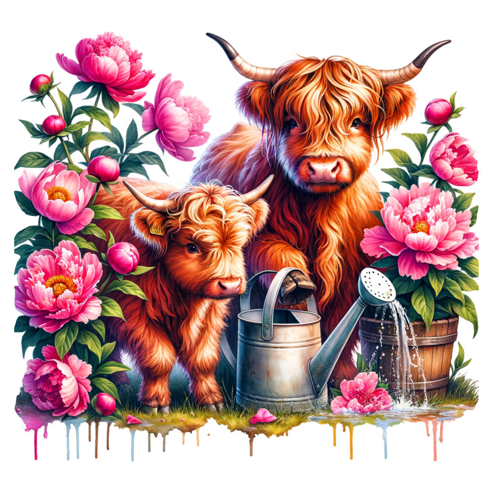 highland cattle, pink peonies, magenta flowers, orange and brown animals, floral, farmhouse, rustic, whimsical, garden theme, watering can, gardening, nature, animals, cattle, mother and calf, hot pink, coral pink, golden orange, cream, forest green, botanical, cottage core, country, vintage, spring, summer, pastoral, heartwarming, decorative panel, wall art