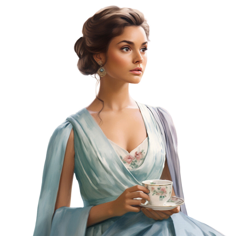 sage green, dusty blue, cream, soft pastels, elegant woman, teacup, floral motif, regency dress, updo hairstyle, dangling earrings, romantic portrait, period costume, fabric panel, quilting cotton, historical fashion, draped sleeves, empire waist, porcelain china, refined lady, vintage inspired