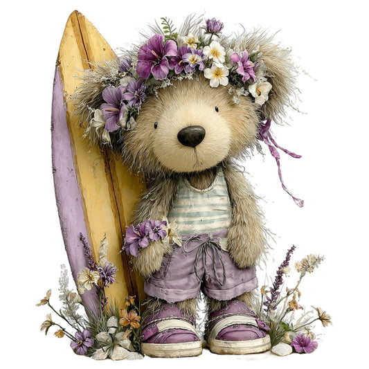 bear, teddy bear, floral, flowers, purple, lavender, cream, ivory, white, yellow, gold, whimsical, cute, animals, surfboard, beach, nature, spring, summer, daisy, wildflowers, boots, shoes, vintage, cottage core, rustic, charming, children's, kid's, nursery
