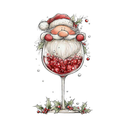 red wine, santa claus, wine glass, christmas holly, red berries, white beard, santa hat, whimsical illustration, festive cocktail, red liquid, green leaves, christmas ornaments, holiday character, fabric panel, quilting cotton, seasonal design, cheerful santa, wine theme, christmas celebration, red and white