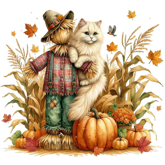 autumn, fall, harvest, thanksgiving, scarecrow, cat, kitten, pumpkin, corn stalks, wheat, leaves, maple leaves, plaid, plaid shirt, overalls, flannel, rustic, farmhouse, whimsical, cottage core, folk art, countryside, garden, nature, warm tones, cream, ivory, orange, burnt orange, golden yellow