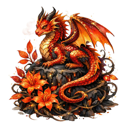 dragon, fire, fantasy, mythical creature, red, orange, gold, golden yellow, black, burnt orange, flames, winged, magical, flowers, lilies, nature, whimsical, dark fantasy, adventure, decorative, ornamental, animal, legendary, autumn, fall colors, jewel tones, glitter, sparkle, embellished
