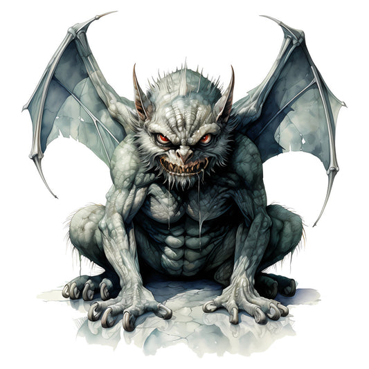 gargoyle, demon, fantasy, mythical creature, stone gray, pale gray, charcoal gray, dark gray, red eyes, gothic, dark fantasy, horror, monster, wings, bat wings, menacing, dramatic, supernatural, magical, fantasy art, character design, decorative, wall art, tapestry, home decor, steampunk, dark theme, creature feature, beige accents, brown horns