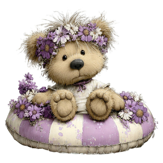 cute teddy bear, purple flowers, lavender, cream, white, floral, whimsical, animal, bear, daisy, nature, springtime, soft, gentle, children, baby, decorative, bow, botanical, sweet, charming, pastoral, nursery, playful, vintage style, cottage core, daisies, purple and white, adorable