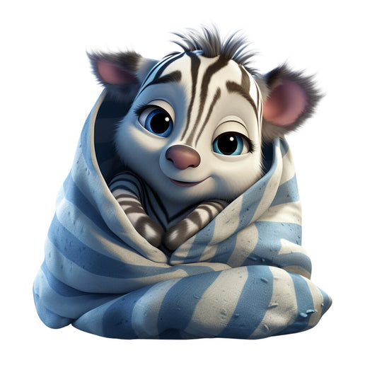 baby zebra, blue blanket, striped pattern, cute animal, wrapped character, soft pastels, cream white, navy blue, adorable expression, big eyes, cozy mood, fabric panel, quilting cotton, nursery theme, baby animal, sleepy character, gentle colors, whimsical illustration, children's fabric, cartoon style