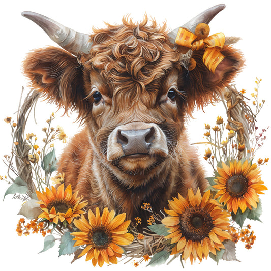 Rustic Sunflower Highland Cows Fabric Panel 1