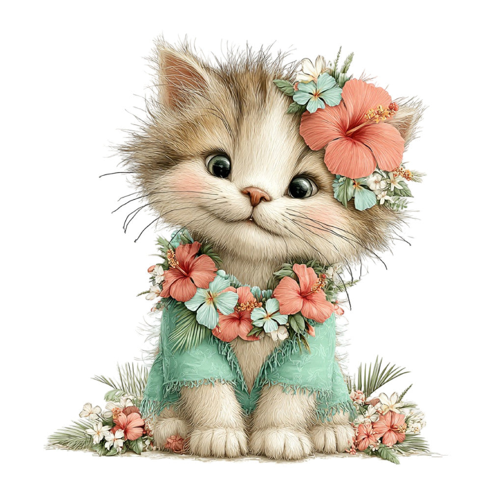 fluffy cat, cute kitten, tabby cat, white cat, cat face, floral cat, hibiscus flowers, coral pink, mint green, soft pastels, botanical flowers, nature themed, whimsical style, decorative panel, children's fabric, nursery decor, baby quilt, animal motifs, spring flowers, summer blooms, sweet design, playful, delicate florals, charming illustration, pet lover fabric, cat lover, illustrated animals, garden flowers, cream colored, light green
