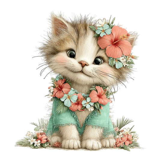 fluffy cat, cute kitten, tabby cat, white cat, cat face, floral cat, hibiscus flowers, coral pink, mint green, soft pastels, botanical flowers, nature themed, whimsical style, decorative panel, children's fabric, nursery decor, baby quilt, animal motifs, spring flowers, summer blooms, sweet design, playful, delicate florals, charming illustration, pet lover fabric, cat lover, illustrated animals, garden flowers, cream colored, light green