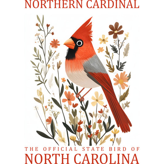 northern cardinal, red bird, orange beak, black mask, botanical illustration, wildflowers, autumn colors, rust orange, sage green, cream white, brown accents, nature scene, state bird, north carolina, fabric panel, quilting cotton, bird artwork, floral elements, folk art style, decorative panel