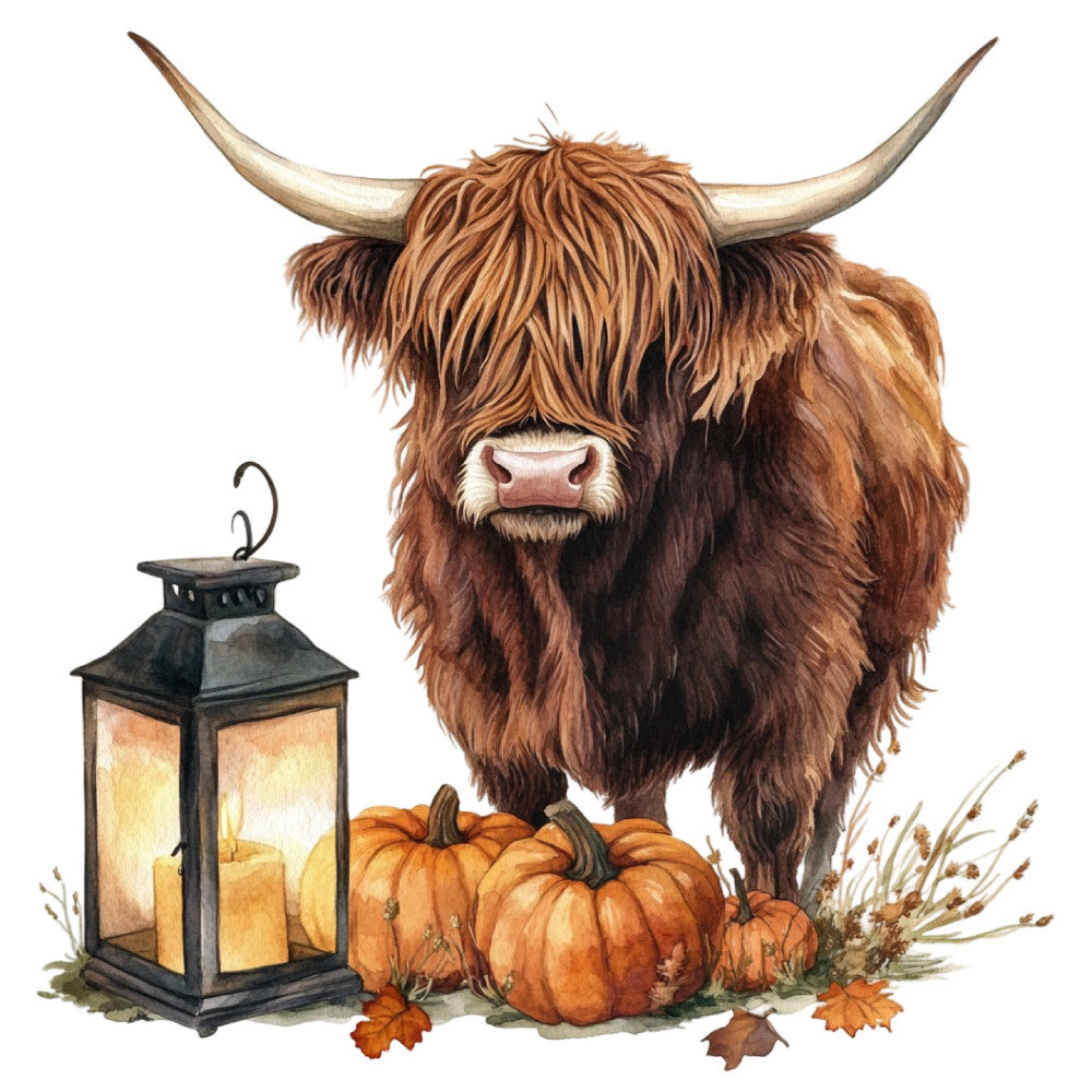 highland cattle, highland cow, long horns, brown, tan, cream, rust orange, autumn, fall, pumpkin, lantern, farmhouse, rustic, country, farm animals, livestock, harvest, thanksgiving, cozy, warm tones, seasonal decor, pumpkins, dried grasses, whimsical, folk art, cottage style, autumn leaves, fall harvest, warm brown, golden orange