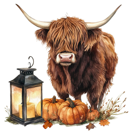 highland cattle, highland cow, long horns, brown, tan, cream, rust orange, autumn, fall, pumpkin, lantern, farmhouse, rustic, country, farm animals, livestock, harvest, thanksgiving, cozy, warm tones, seasonal decor, pumpkins, dried grasses, whimsical, folk art, cottage style, autumn leaves, fall harvest, warm brown, golden orange