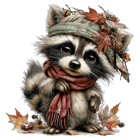 raccoon, woodland animals, autumn, fall, nature, whimsical, cute animals, children's, baby, forest creatures, rustic, vintage, earth tones, cream, tan, black, rust red, burnt orange, terracotta, sage green, seasonal, leaves, acorns, pinecones, harvest, cozy, folk art style, character panel, animal portrait, playful