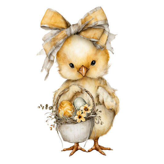 cream chick, golden yellow, tan, soft pastels, whimsical, adorable, cute animals, easter, spring, baby, nursery, bird, chick with bow, basket with eggs, floral accents, daisy flowers, decorative bow, farmhouse style, rustic charm, traditional, children's, sweet, gentle, nature themed, seasonal, holiday, easter chick, spring animals, neutral colors, vintage style