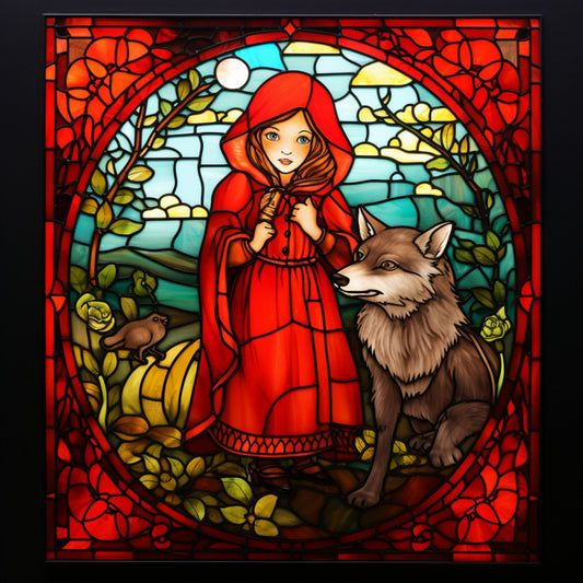 stained glass, little red riding hood, wolf, red cloak, fairy tale, fabric panel, quilting cotton, forest scene, medieval style, vibrant colors, orange red, turquoise blue, golden yellow, brown wolf, hooded figure, woodland animals, decorative border, children's story, fantasy art, cottage core