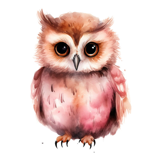 watercolor owl, pink owl, coral colors, peach tones, brown accents, orange eyes, cute owl, baby owl, soft pastels, watercolor art, fabric panel, quilting fabric, nursery fabric, whimsical design, bird illustration, feathered texture, painted style, children's fabric, craft panel, sewing material