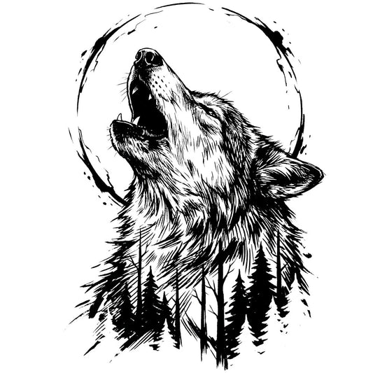 wolf howling, moon, celestial, forest, trees, wildlife, animals, nature, black and white, monochrome, ink sketch, line art, rustic, woodland, night sky, mystical, bohemian, double exposure, silhouette, autumn, winter, gothic, dramatic, wild, predator, indigenous, tribal, outdoor, adventure, cabin