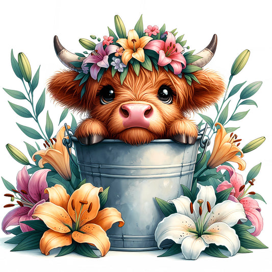 Cute Highland Cows in Buckets Fabric Panel 3 showing a charming calf with flower crown in a bucket surrounded by colorful lilies.