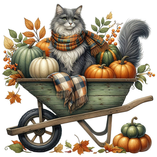 autumn cat, fall harvest, pumpkins, gourds, wheelbarrow, plaid scarf, cozy, rustic, farmhouse, woodland animals, forest green, burnt orange, cream, gray, earth tones, seasonal, fall foliage, leaves, berries, vintage, whimsical, cottage core, harvest theme, thanksgiving, autumn animals, striped pattern, checkered, nature scene, decorative panel, wall hanging