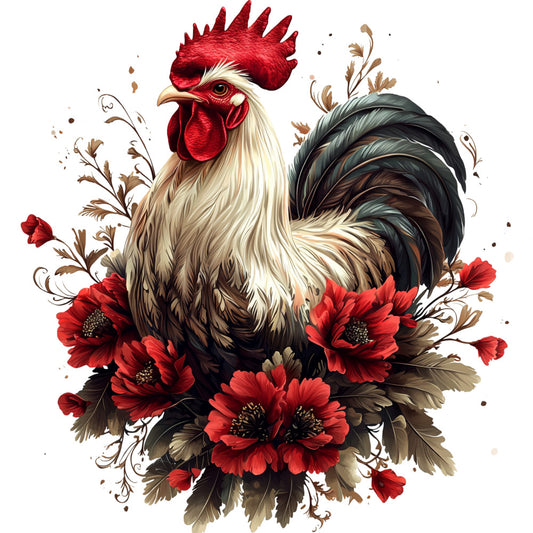 rooster, floral, red flowers, crimson, cream feathers, brown plumage, dark tail feathers, botanical design, decorative flourishes, fabric panel, quilting cotton, farmhouse theme, country style, detailed illustration, realistic art style, garden flowers, poultry art, nature motif, craft fabric, sewing panel