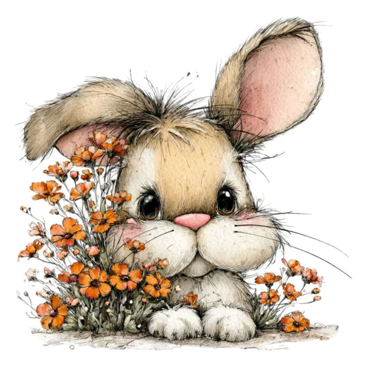 cute bunny, rabbit, orange flowers, cream, tan, beige, pink nose, floral, whimsical, children's, baby, spring, Easter, woodland animals, nature, illustration, storybook, gentle, soft pastels, daisy flowers, marigolds, garden, sweet, playful, nursery, adorable, hand-drawn, vintage illustration, animal portrait, botanical