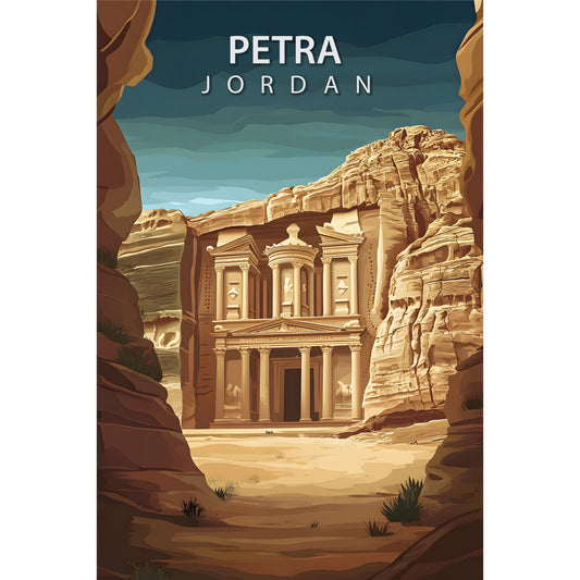 sandstone, teal, golden brown, ancient architecture, desert landscape, carved facade, travel poster, vintage style, archaeological site, middle eastern, rock formations, fabric panel, tourism theme, historical monument, canyon setting, warm earth tones, artistic illustration, wanderlust, adventure travel