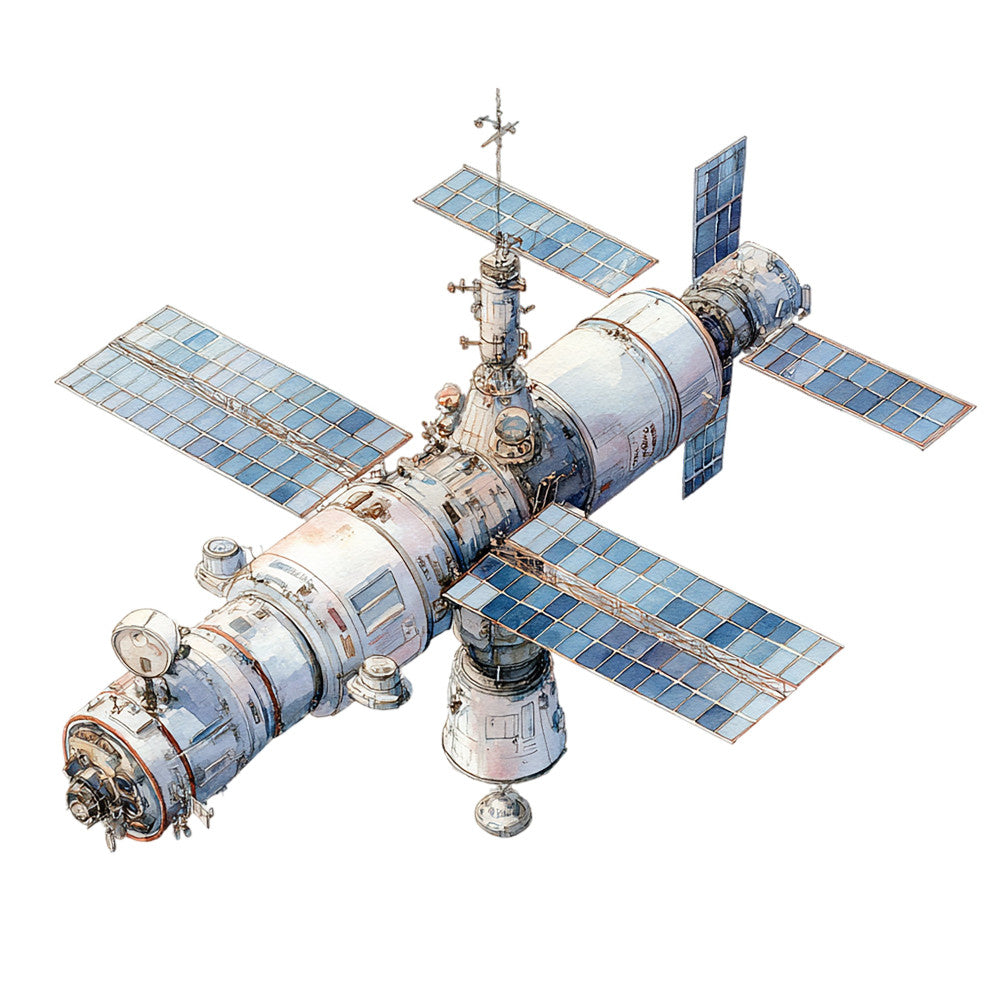 space, satellite, astronaut, space station, science fiction, sci-fi, celestial, astronomy, technology, blue, white, gray, silver, metallic, solar panels, spacecraft, futuristic, modern, educational, STEM, space exploration, vintage space, retro futurism, industrial, technical illustration, wall hanging, home decor, novelty print, outer space theme