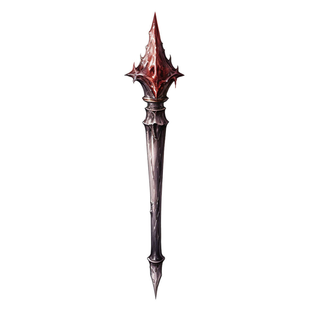 dark red, burgundy, deep crimson, metallic red, dark purple, charcoal gray, black, fantasy weapon, medieval spear, ornamental spear, pointed blade, gothic style, dark fantasy, elegant, dramatic, mystical, magical, ornate, decorative spear, armor, warrior, game of thrones, fantasy theme, dark academia, evil queen, villain, dramatic design, statement print