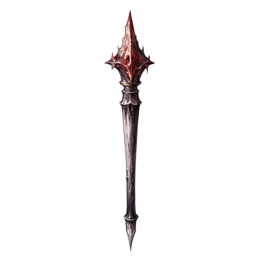 dark red, burgundy, deep crimson, metallic red, dark purple, charcoal gray, black, fantasy weapon, medieval spear, ornamental spear, pointed blade, gothic style, dark fantasy, elegant, dramatic, mystical, magical, ornate, decorative spear, armor, warrior, game of thrones, fantasy theme, dark academia, evil queen, villain, dramatic design, statement print