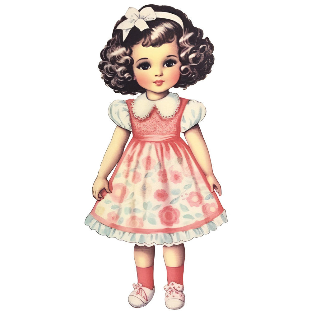 vintage doll, retro girl, coral pink, cream white, rose red, floral print, flower motif, peter pan collar, puffed sleeves, 1950s style, nostalgic, whimsical, classic children, sweet girl, cottage core, traditional, girly, doll dress, hair bow, red socks, mary jane shoes, scalloped trim, lace trim, mid-century, storybook, nursery, baby girl, sweet vintage