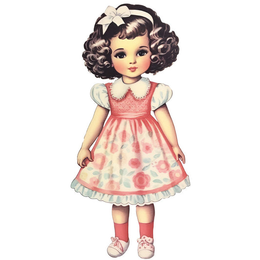 vintage doll, retro girl, coral pink, cream white, rose red, floral print, flower motif, peter pan collar, puffed sleeves, 1950s style, nostalgic, whimsical, classic children, sweet girl, cottage core, traditional, girly, doll dress, hair bow, red socks, mary jane shoes, scalloped trim, lace trim, mid-century, storybook, nursery, baby girl, sweet vintage