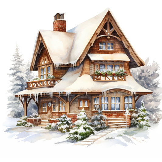 Watercolor Winter Houses Fabric Panel 14
