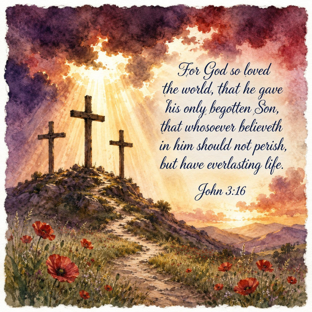religious, john 3:16, scripture, crosses, spiritual, faith-based, christian, inspirational, easter, resurrection, three crosses, calvary, golden light, rays of light, wildflowers, red poppies, landscape, watercolor, traditional, reverent, elegant, nature, mountain, path, meadow, dusty rose, burgundy, warm gold, burgundy clouds, peaceful