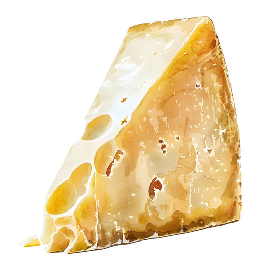 cheese, food, realistic, culinary, kitchen, farmhouse, swiss cheese, holes, cream, golden yellow, butter yellow, off-white, cream white, food art, gourmet, delicatessen, rustic, artisan, farm to table, food illustration, country, vintage, food themed, detailed, textured, dimensional, dairy, gouache style, watercolor style
