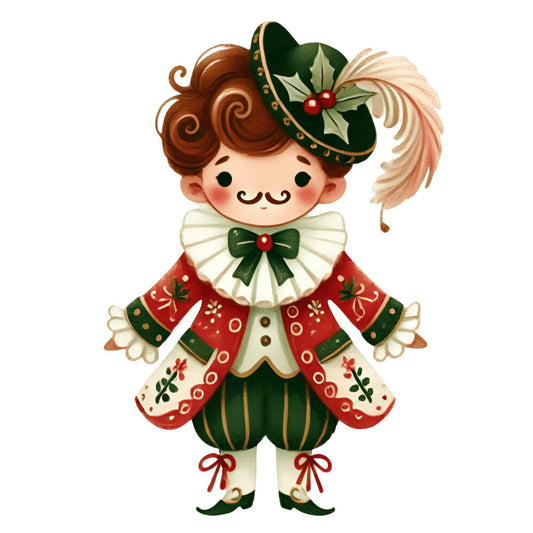 christmas, holiday, festive, whimsical, vintage, cute, folk art, red, green, cream, brown, holly, berries, bow, character, girl, doll, decorative, traditional, nostalgic, seasonal, winter, embellished, detailed, formal wear, colonial, victorian, cheerful, playful