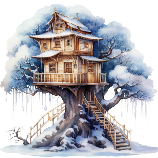 Watercolor Winter Houses Fabric Panel 19