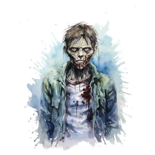 zombie, skull, watercolor, abstract, horror, undead, gothic, dark art, blue watercolor, green jacket, splatter, ink splash, contemporary, spooky, halloween, grunge, artistic, moody blue, pale skin, supernatural, macabre, graphic illustration, portrait, street art style, grungy, blue-green tones, drippy paint, eerie, dark theme