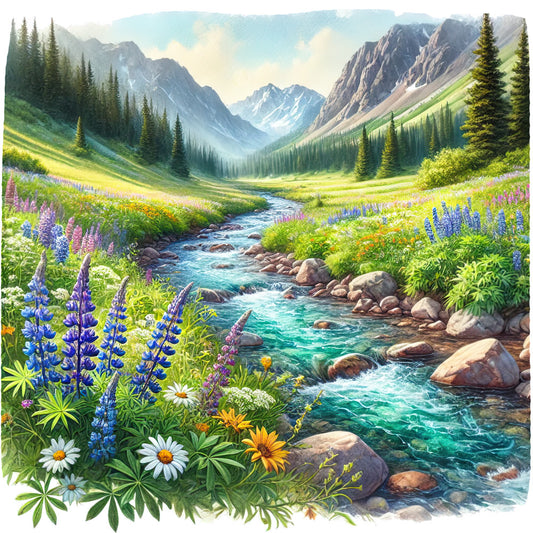 fabric panel, mountain landscape, rocky mountains, alpine stream, wildflowers, lupines, daisies, evergreen trees, turquoise water, purple flowers, yellow blooms, nature scene, scenic vista, snow-capped peaks, flowing creek, meadow flowers, forest green, sky blue, quilting cotton, outdoor theme