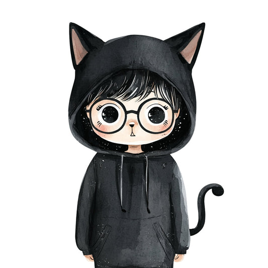black, charcoal gray, cream, blush pink, cat, kitten, glasses, hoodie, whimsical, cute, playful, modern, illustration, character, animal lover, geeky, nerdy, quirky, children, kids, girl, youth, portrait, face, pajamas, cozy, speckled, starry, magical, enchanted