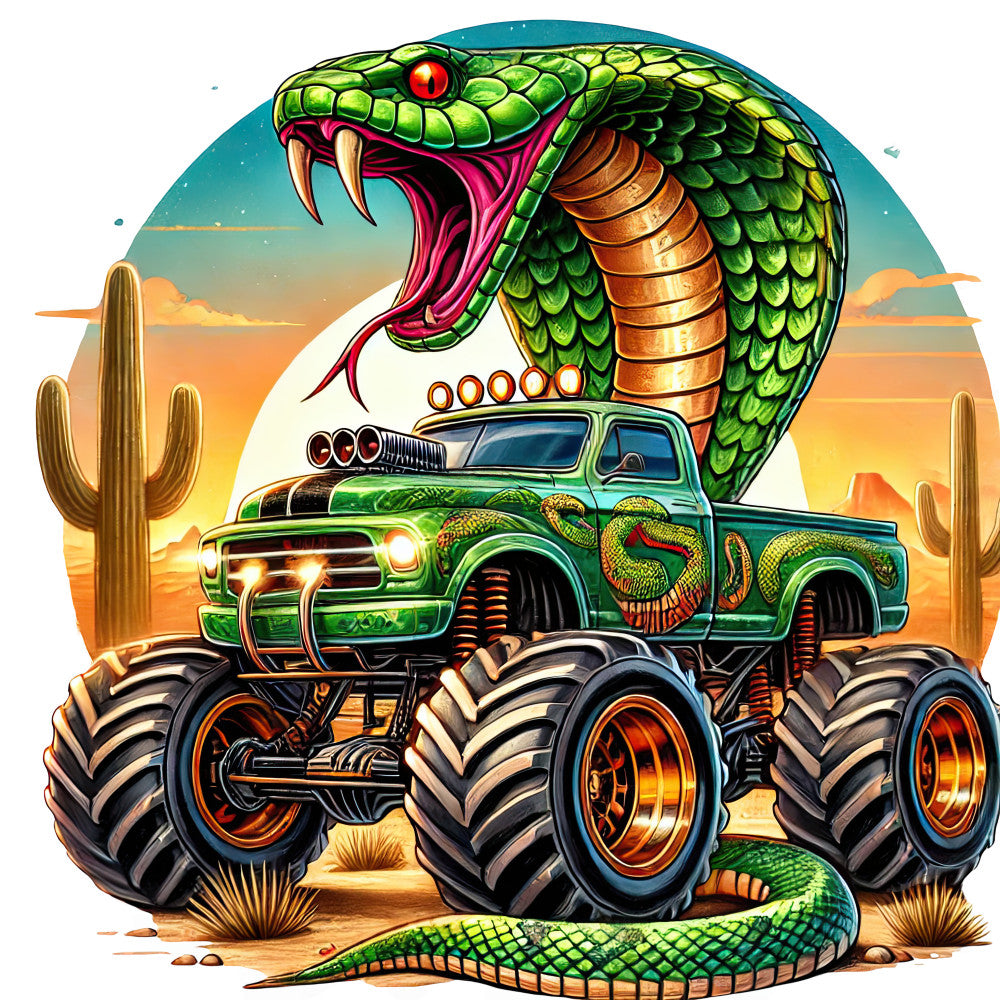 lime green, emerald green, golden yellow, burnt orange, teal blue, red, cobra, snake, serpent, monster truck, pickup truck, desert, cactus, southwest, western, custom car, hot rod, automotive, reptile, animal, whimsical, bold, vibrant, statement, novelty, humorous, fun, edgy, contemporary, die-cast style