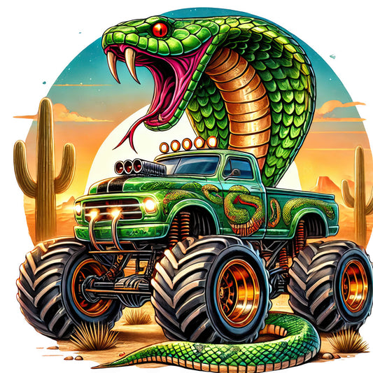 lime green, emerald green, golden yellow, burnt orange, teal blue, red, cobra, snake, serpent, monster truck, pickup truck, desert, cactus, southwest, western, custom car, hot rod, automotive, reptile, animal, whimsical, bold, vibrant, statement, novelty, humorous, fun, edgy, contemporary, die-cast style