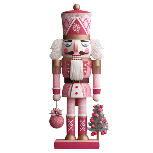 nutcracker, holiday, christmas, pink, rose pink, cream, white, bronze, mauve, traditional, festive, whimsical, soldier, vintage, winter, christmas tree, ornaments, baubles, decorative, classical, nutcracker ballet, seasonal, home decor, wall hanging, christmas decoration, geometric patterns, snowflakes, elegant, festive decor