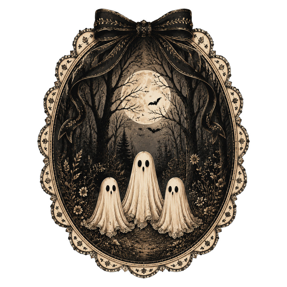 cream, black, sepia, beige, tan, gold, forest, woodland, gothic, halloween, spooky, ghosts, moon, bats, trees, vintage, elegant, whimsical, dark romantic, ornate, autumn, fall, celestial, nature, supernatural, haunting, decorative frame, scalloped border, detailed illustration, wall hanging