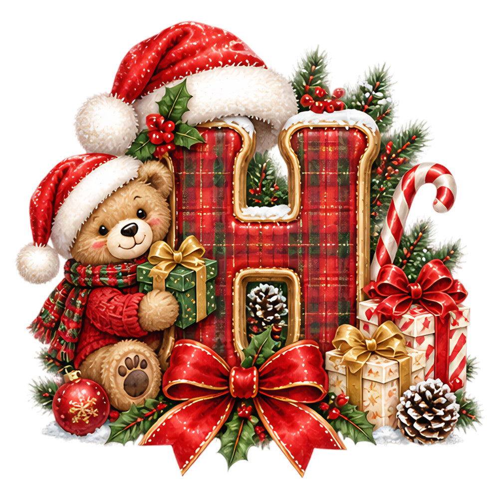 christmas, holiday, teddy bear, santa hat, red plaid, tartan, gold accents, candy cane, pinecone, holly, berries, festive, traditional, whimsical, elegant, red and green, cream white, winter, gift box, ribbon bow, ornament, cozy, nostalgic, vintage style, christmas bear, snow, seasonal, red, forest green, gold trim