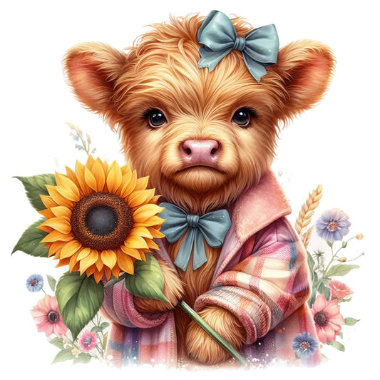 Rustic Sunflower Highland Cows Fabric Panel 27