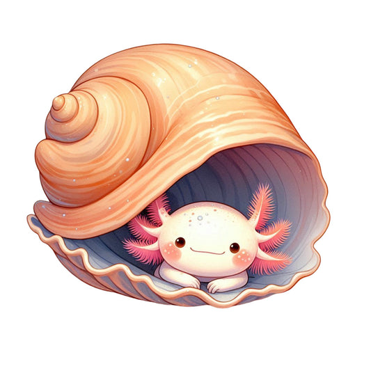 cute axolotl, cartoon character, peach shell, coral colors, cream white, pink gills, purple interior, seashell home, kawaii style, adorable amphibian, soft pastels, whimsical design, fabric panel, quilting cotton, ocean theme, marine life, smiling character, cozy illustration, children's fabric, nursery panel