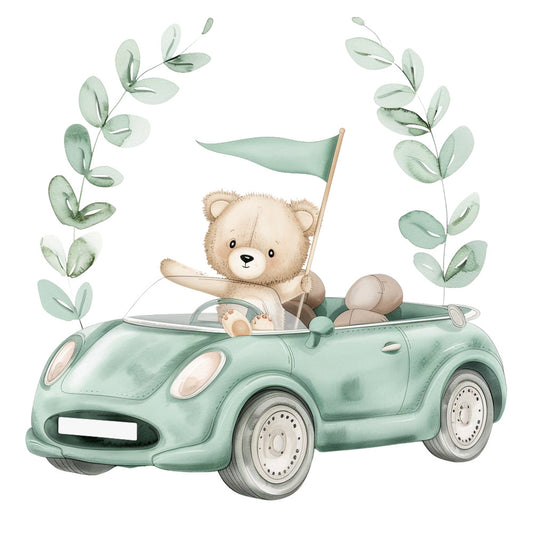 sage green, mint green, cream, soft beige, teddy bear, car, vintage car, whimsical, nursery, baby, children's, eucalyptus leaves, botanical, nature, cute animals, adventure, travel theme, boy, gender neutral, soft colors, watercolor, illustration, storybook, journey, playful, spring, soft pastels, convertible car, flag, leaves motif