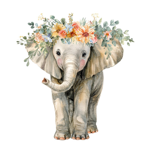 elephant, floral, animals, baby, whimsical, cute, nursery, cream, beige, tan, coral, peach, orange, yellow, blue, sage green, eucalyptus, botanical, flowers, gerbera daisy, roses, leaves, nature-inspired, spring, gentle, soft, sweet, baby shower, children's, wall hanging