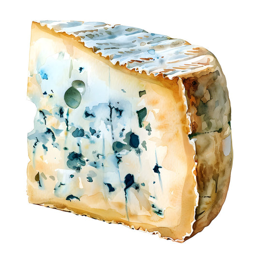 blue cheese, gourmet food art, watercolor cheese, aged cheese, blue veining, cream colored, tan brown, rustic farmhouse, food illustration, culinary art, kitchen decor, cheese lover, artisan cheese, still life, food themed, realistic food, beige, ivory, teal blue, navy blue, grey blue, ochre, burnt orange, food and beverage, culinary theme, gourmand style, epicurean, sophisticated kitchen, wine and cheese, charcuterie