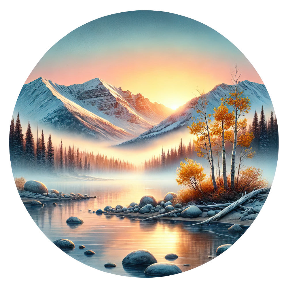 circular panel, mountain landscape, snow-capped peaks, sunrise sunset, golden yellow, coral pink, teal blue, misty fog, alpine lake, evergreen trees, aspen trees, autumn foliage, rocky shoreline, reflective water, serene nature, wilderness scene, fabric panel, quilting cotton, peaceful mood, mountain vista
